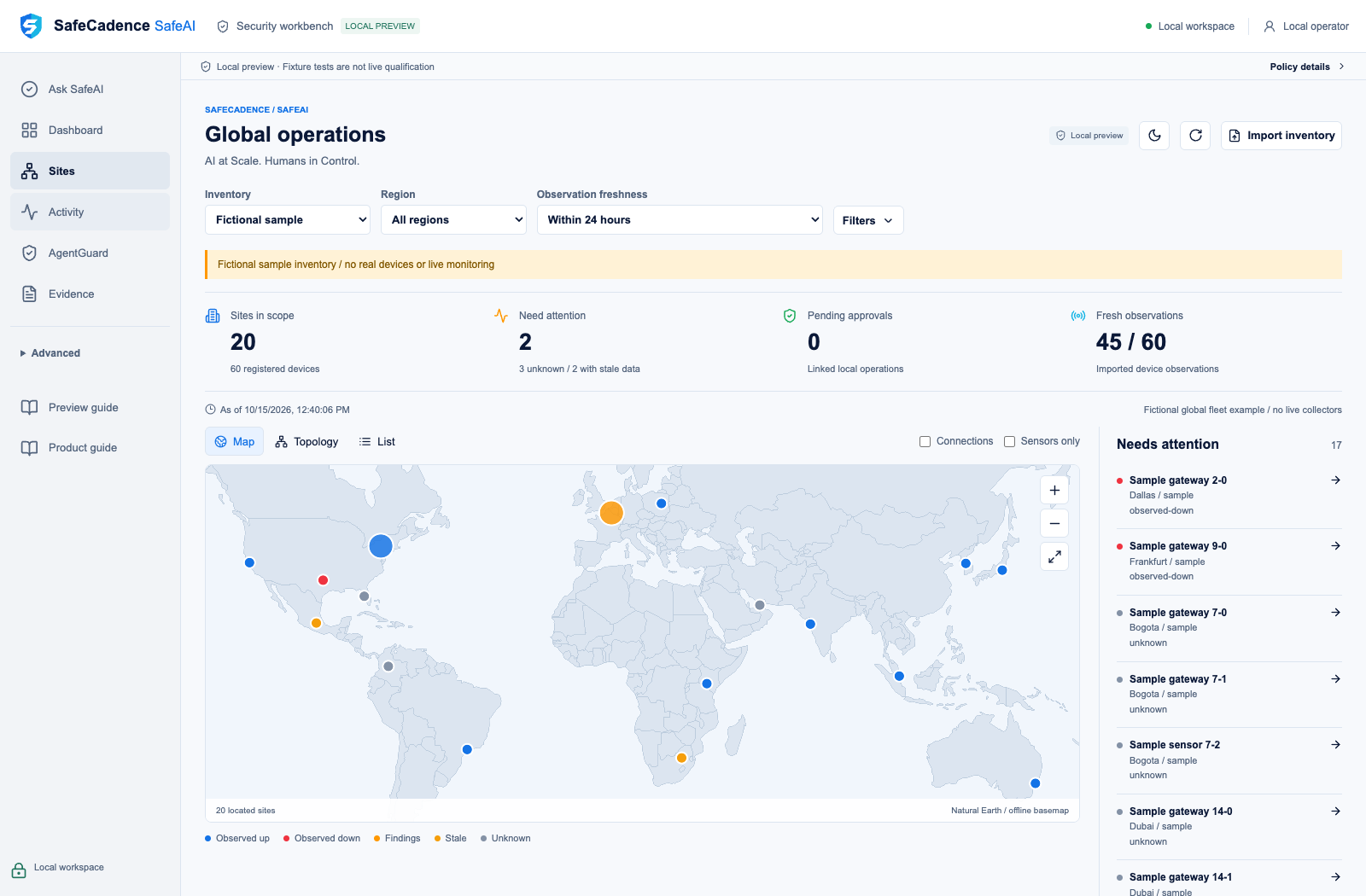 SafeAI Sites view in local preview, showing a sample world map, fictional sites, and a needs-attention list